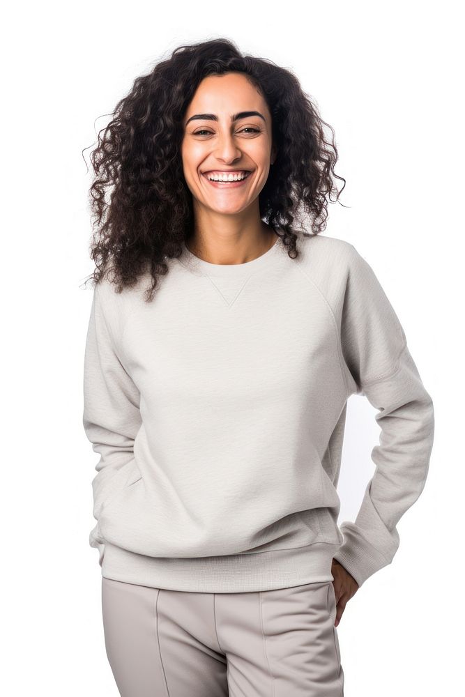 Fashion model Smiling woman sweatshirt laughing portrait.
