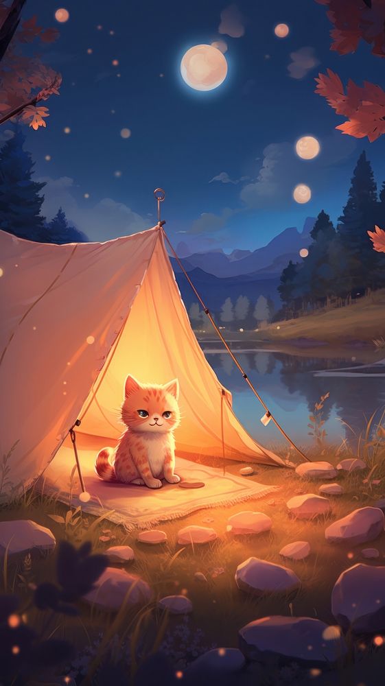 Cute cat camping outdoors cartoon.
