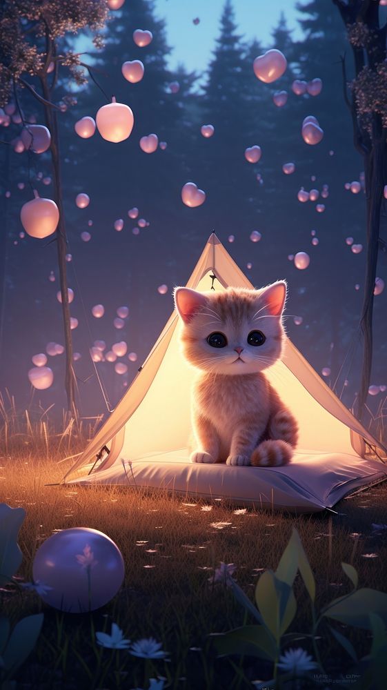 Cute cat cartoon outdoors camping.