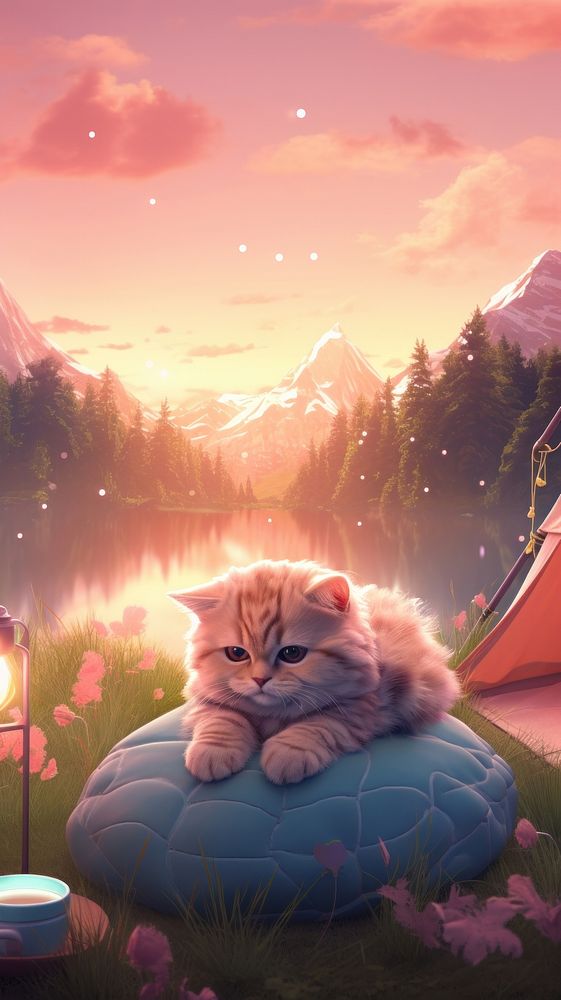 Cute cat outdoors cartoon camping.