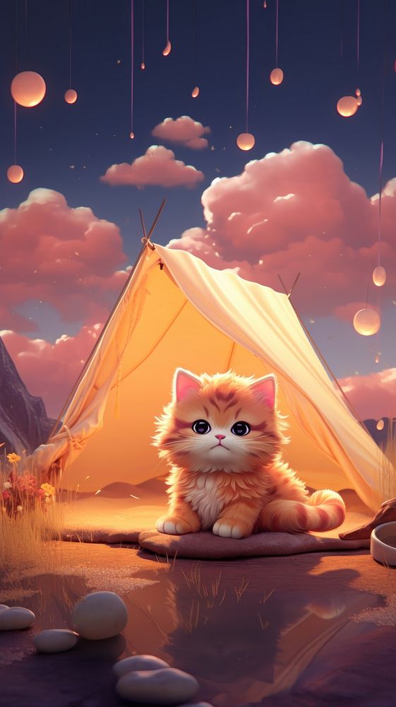 Cute cat cartoon outdoors camping.