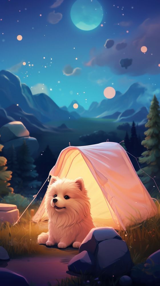 Cute dog camping cartoon outdoors.