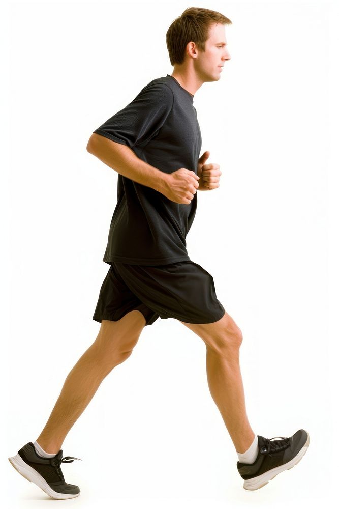 Caucasian man jogging footwear shorts shoe.