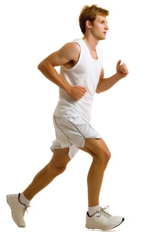 Caucasian man jogging footwear shorts white.