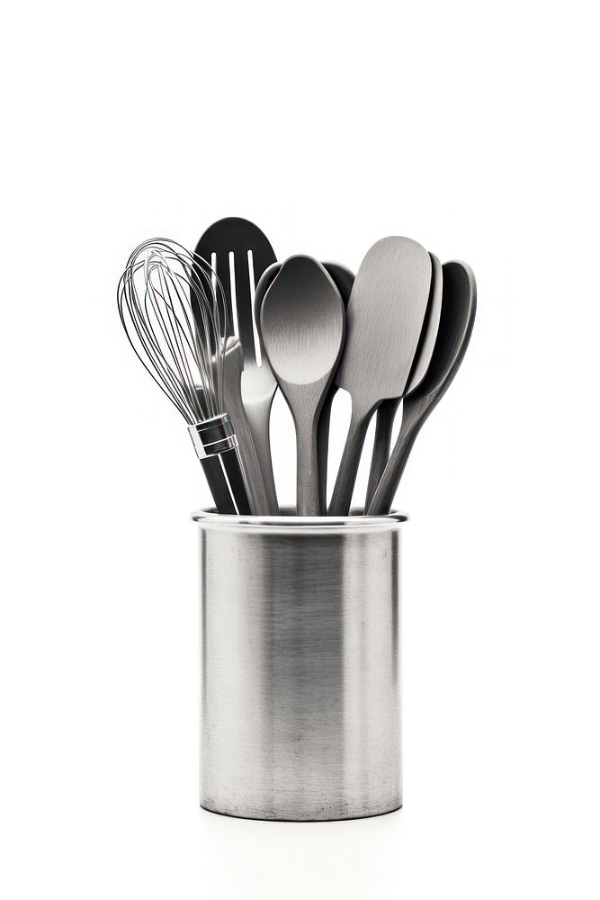 Gray kitchen utensils in a cup spoon fork white background.