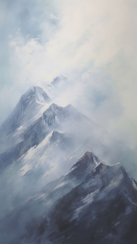 Acrylic paint of mountain nature snow sky.