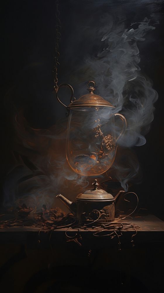 Acrylic paint of tea teapot smoke creativity.