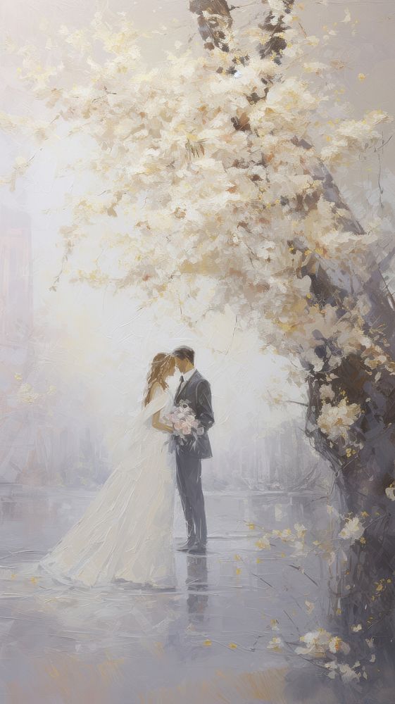 Acrylic paint of wedding painting outdoors dress.