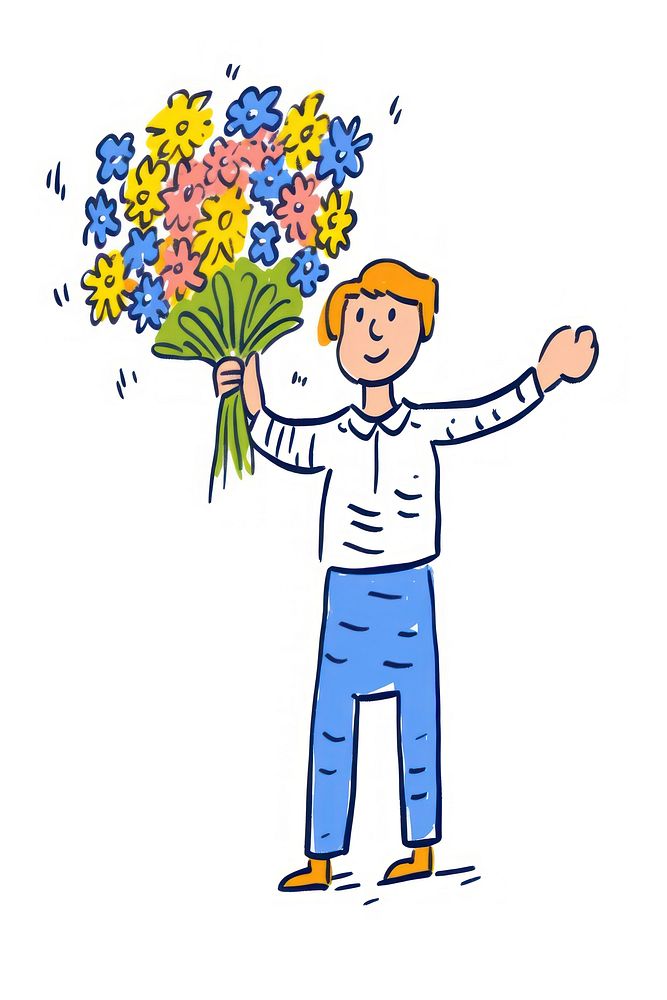 Doodle illustration person holding bouquet cartoon drawing flower.