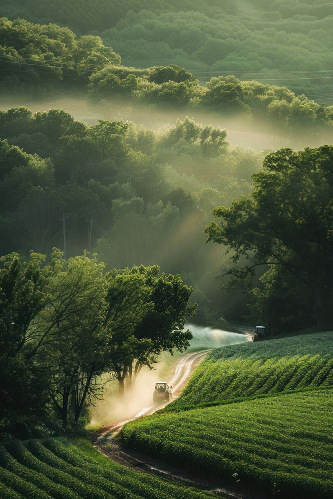 Tractor spraying pesticides landscape outdoors nature.