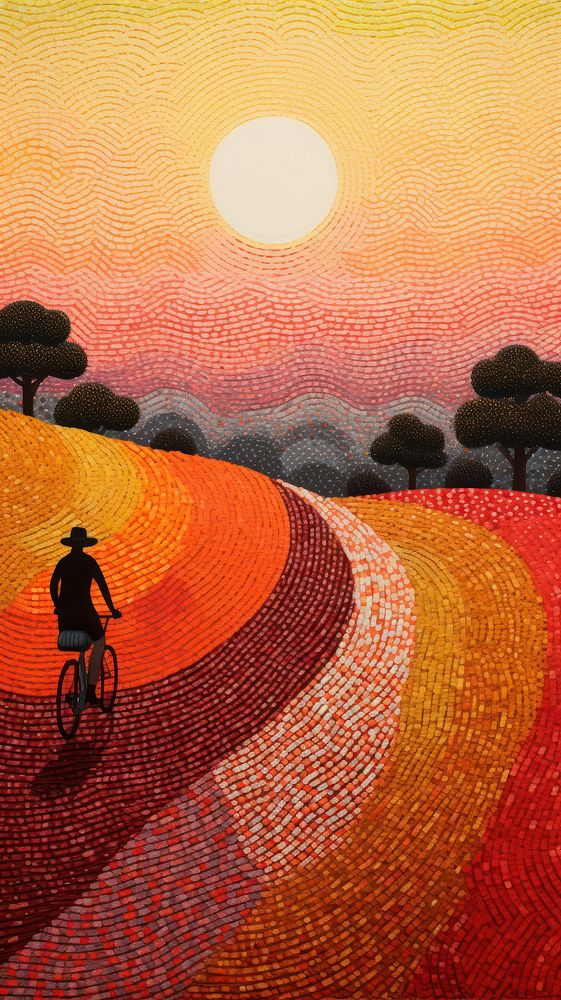 Woman riding bicycle landscape painting outdoors.