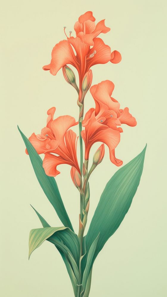 Vintage drawing canna flower gladiolus plant.