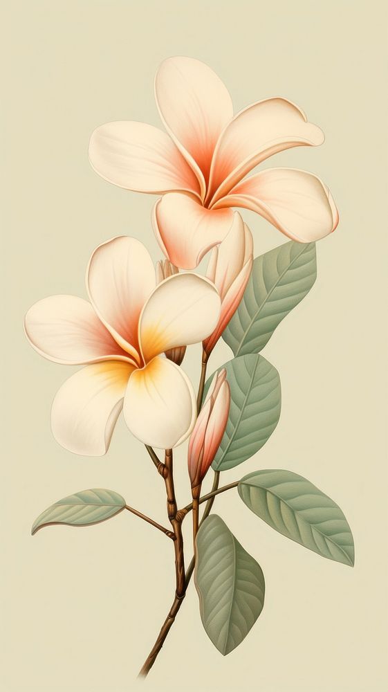 Vintage drawing Plumeria flower blossom sketch.