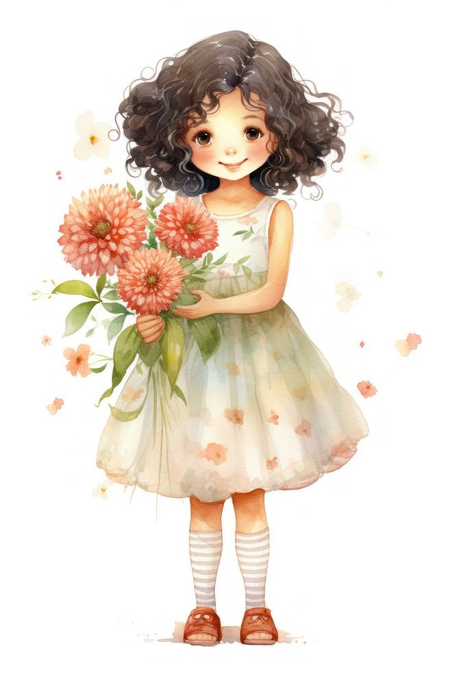Watercolor illustration cute character of cute Zinnia flower dress plant.