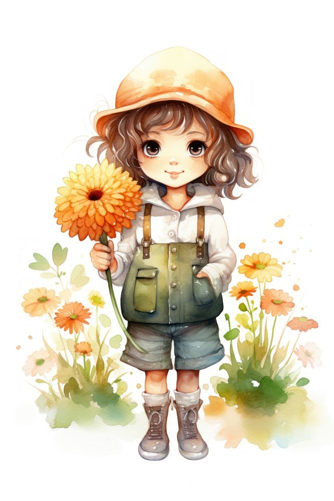 Watercolor illustration cute character of cute Zinnia flower plant white background.