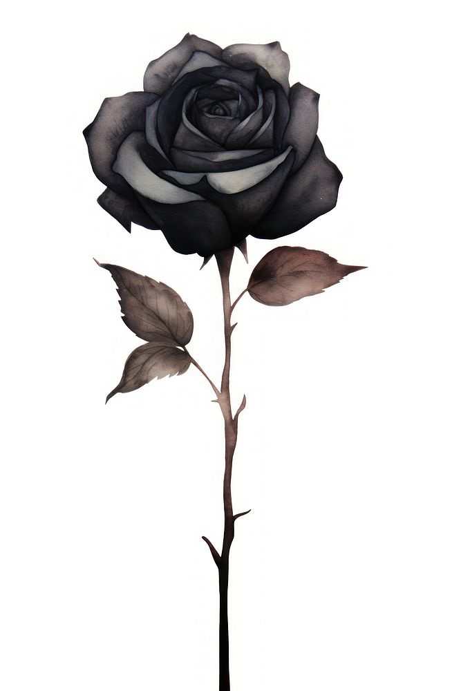 Cute watercolor illustration of a black Rose flower rose plant white background.