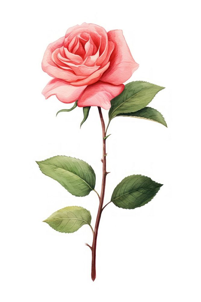 Cute watercolor illustration of a heritage Rose flower rose plant leaf.