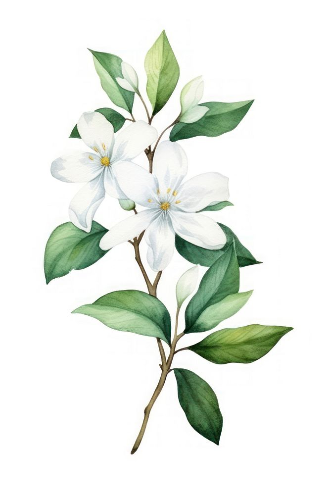 Cute watercolor illustration of a Jasmine flower minimal blossom plant white.