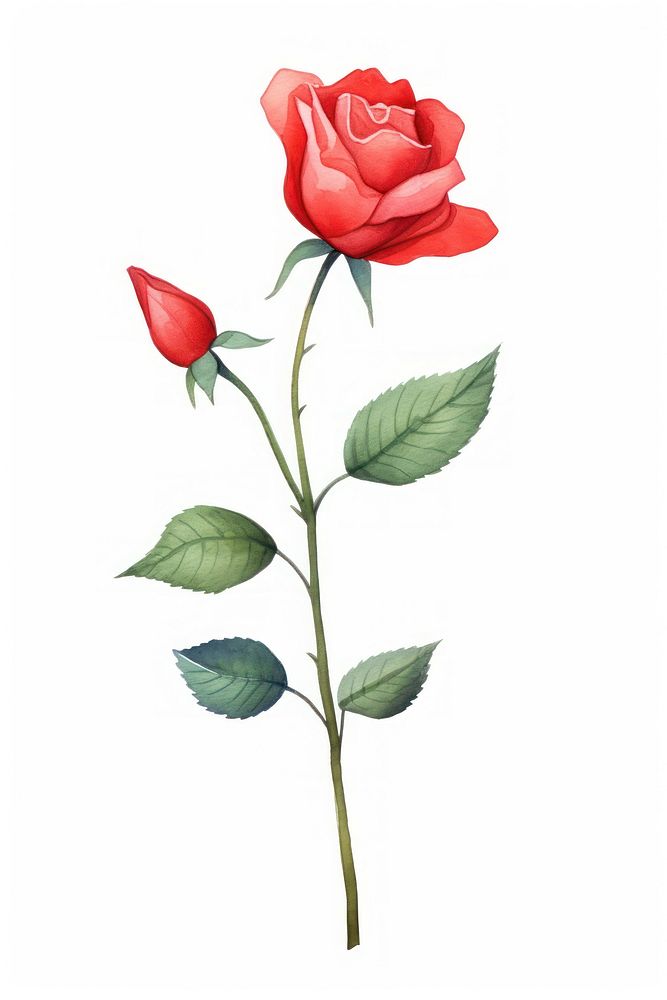 Cute watercolor illustration of a redRose flower rose plant white background.
