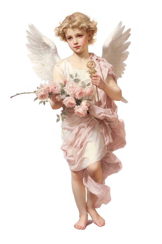 Cupid wearing a crown of roses holding a rose bouquet isolated on clear white background angel cupid representation.
