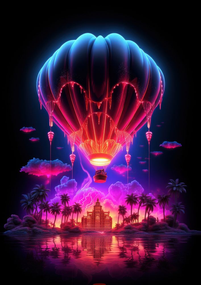 Hot air balloon in the style of aesthetic neon art nouveau outdoors purple transportation.