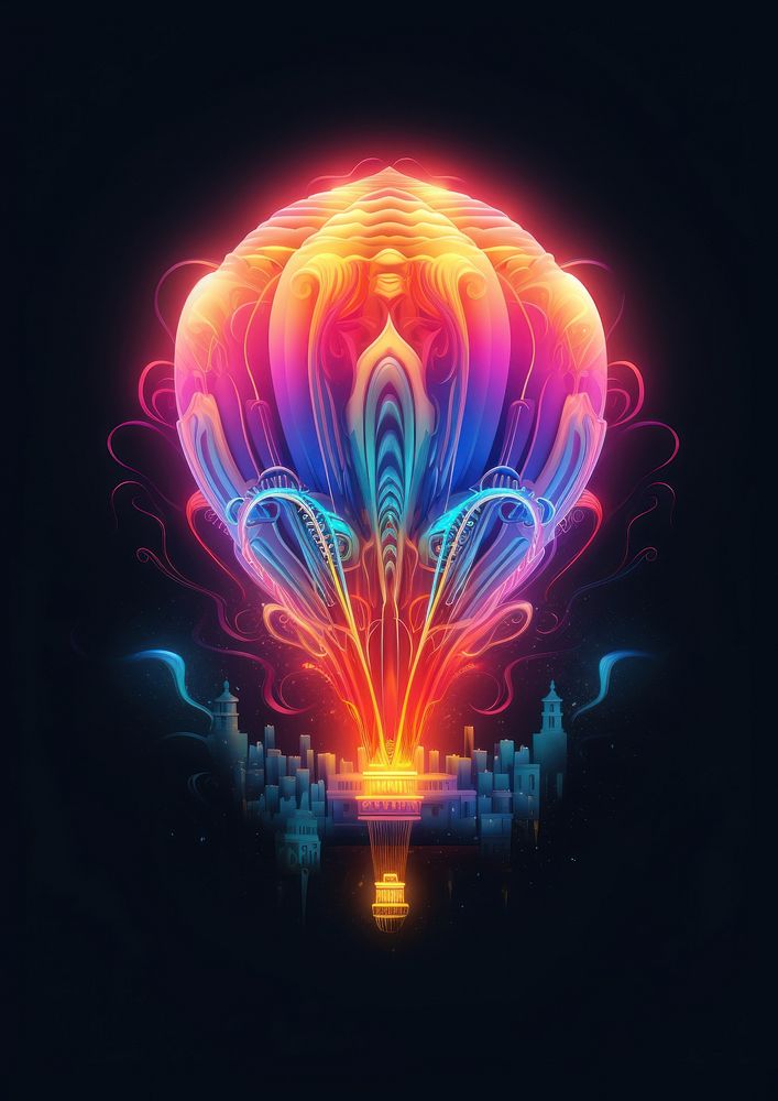Hot air balloon in the style of aesthetic neon art nouveau light fire transportation.