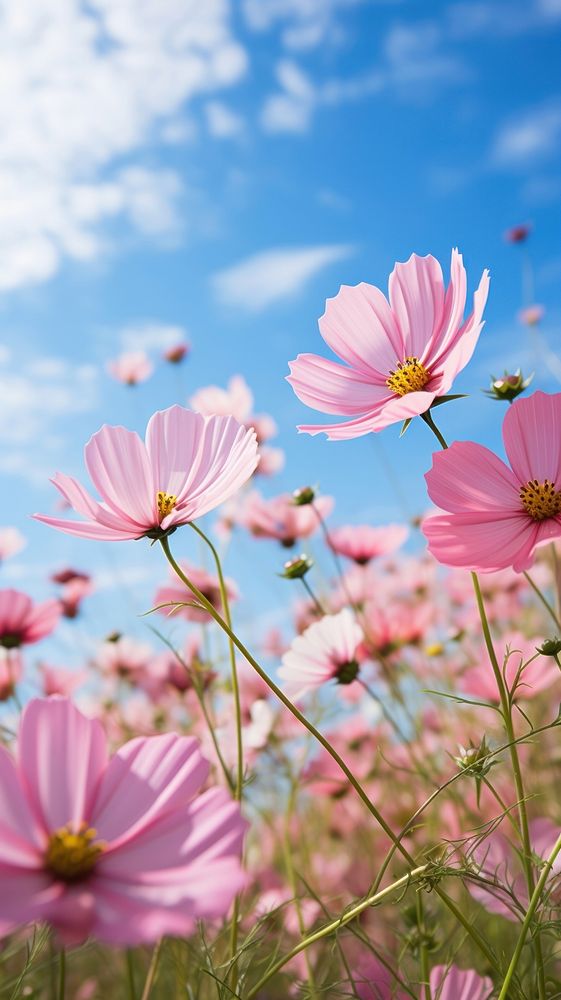 Pink cosmos field landscape sky outdoors.