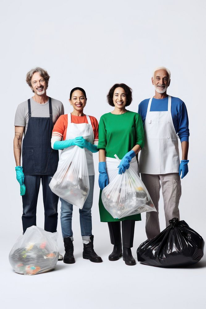 People doing garbage collection volunteer charity adult environmentalist white background.