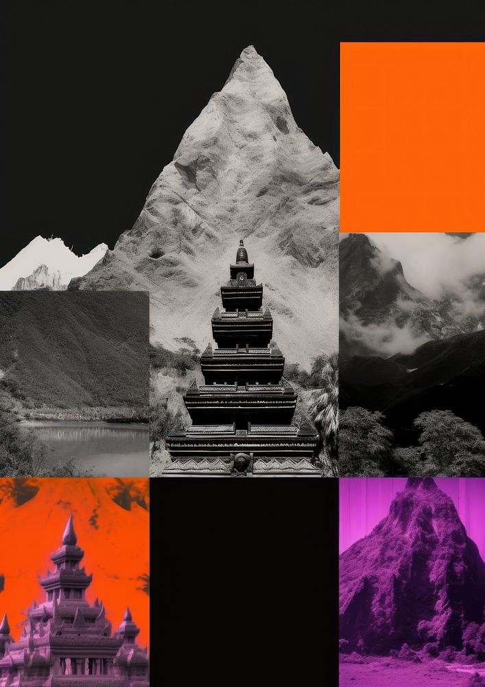 Symbolic mixed monochrome collage thai traditional graphic element representing of mountain art architecture outdoors.