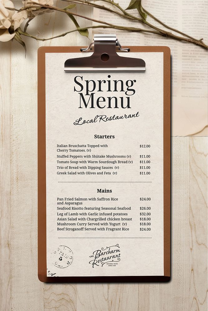Spring menu clipboard, flat lay
