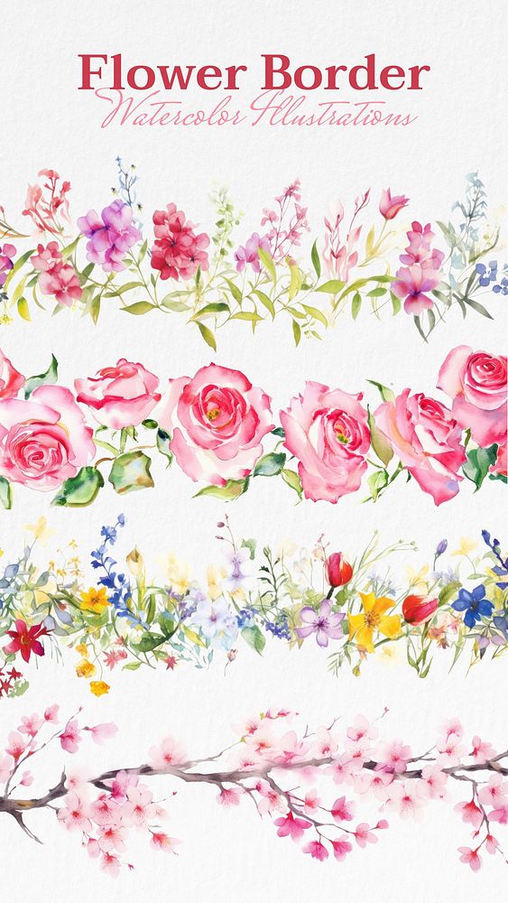 Flower border watercolor illustration set