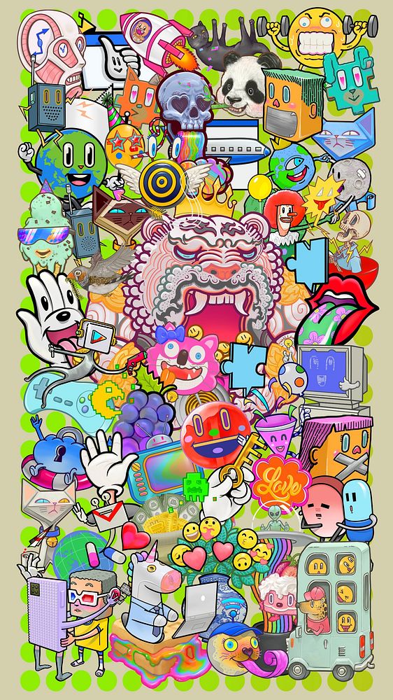 Funky abstract cartoon iPhone wallpaper, colorful chaotic illustration