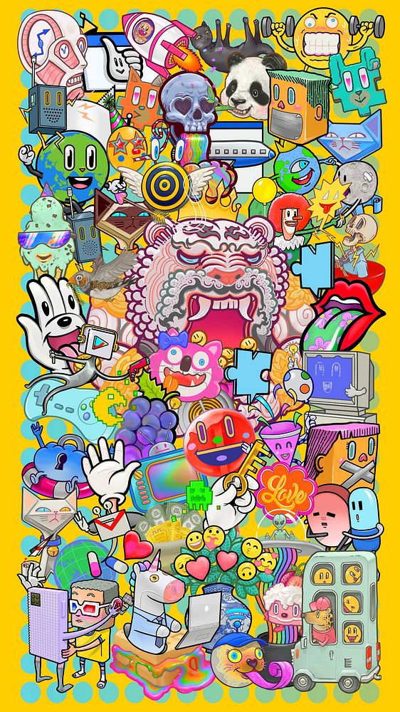 Funky abstract cartoon iPhone wallpaper, colorful chaotic illustration