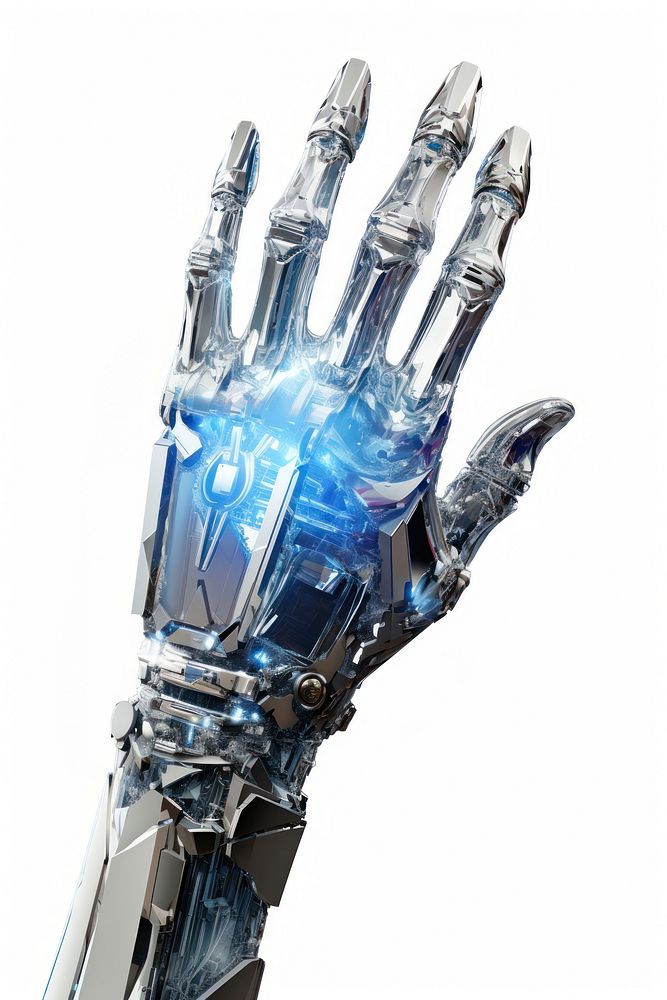 Silver robot hand white background electronics technology.