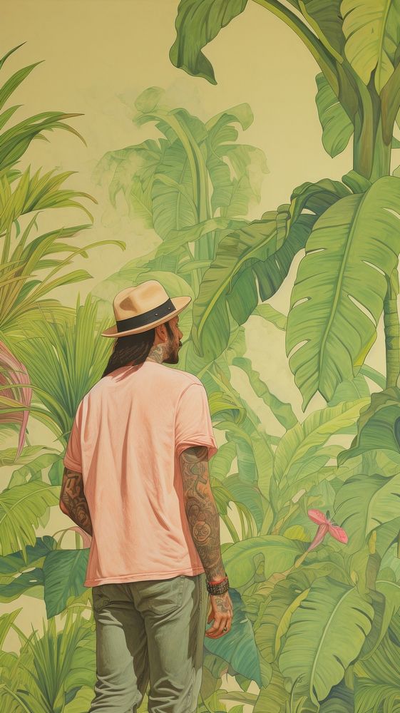 Tropical botanical landscape border of man wearing hawaii shirt with pistol plant tree painting.