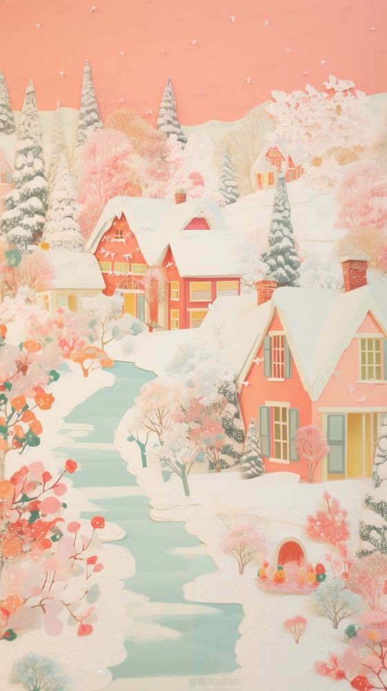 Winter village art christmas painting.