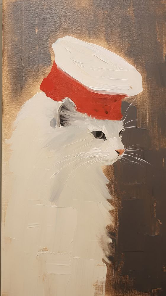 Cat wearing hat art painting mammal.