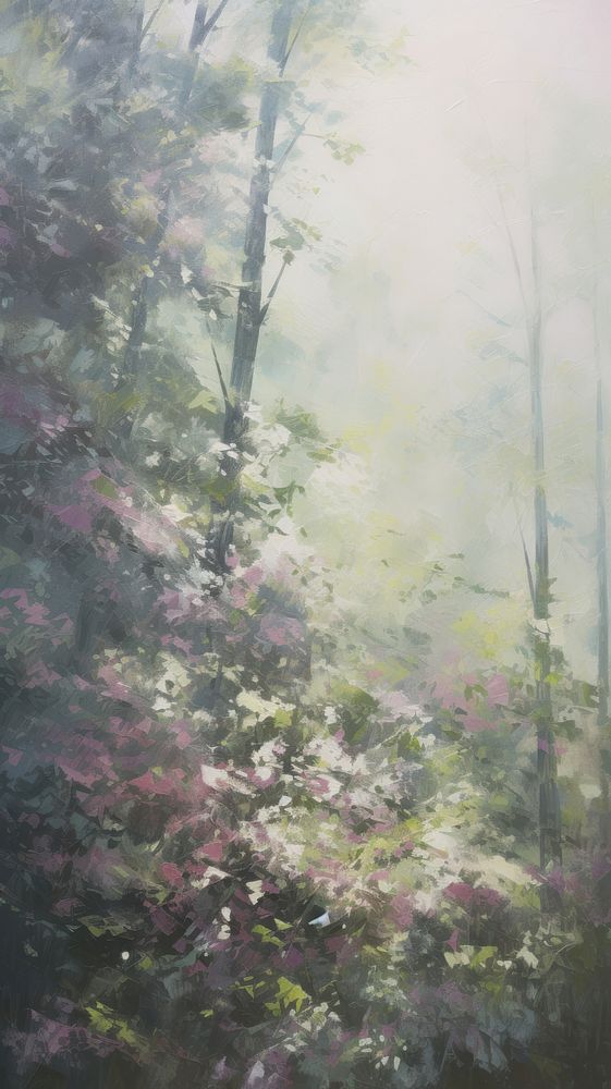 Acrylic paint of spring forest outdoors woodland nature.