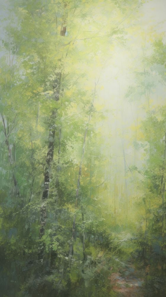 Acrylic paint of spring forest landscape outdoors woodland.