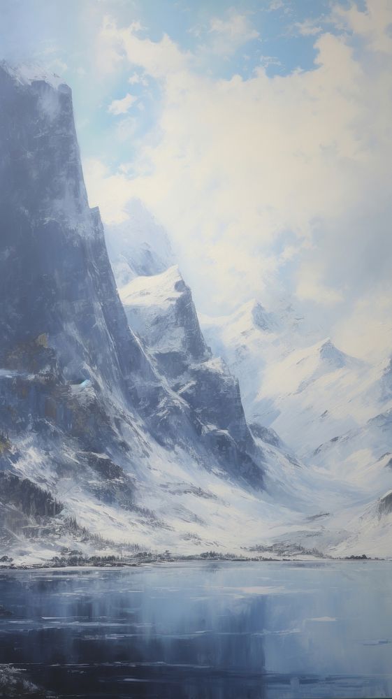 Acrylic paint of reinefjorden mountain landscape outdoors glacier.
