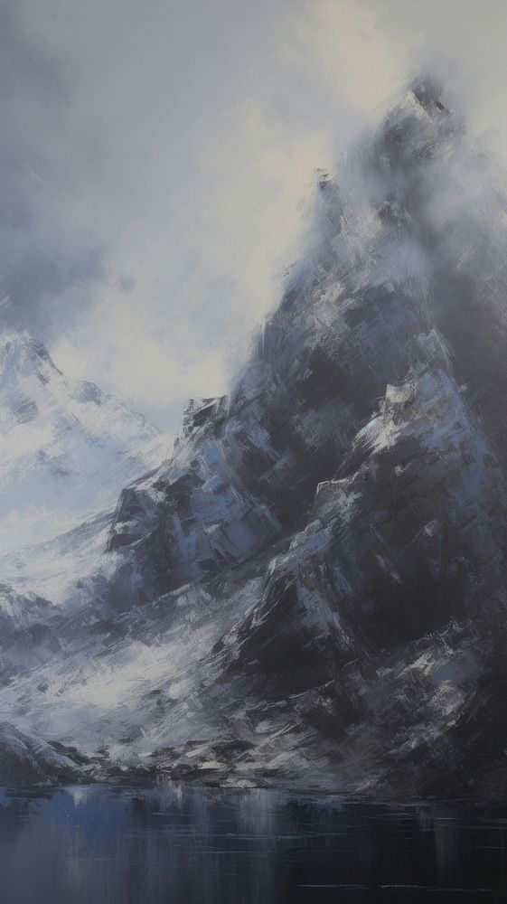 Acrylic paint of reinefjorden mountain painting nature snow.