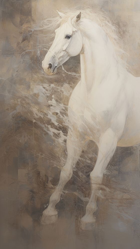 White wild horse art stallion painting.
