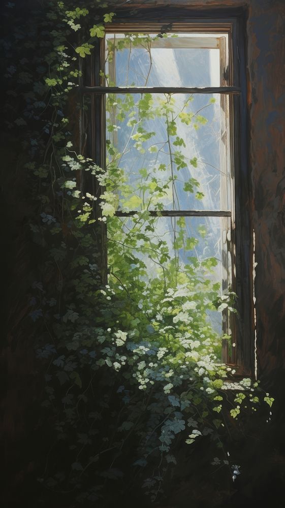 Acrylic paint of window plant ivy architecture.