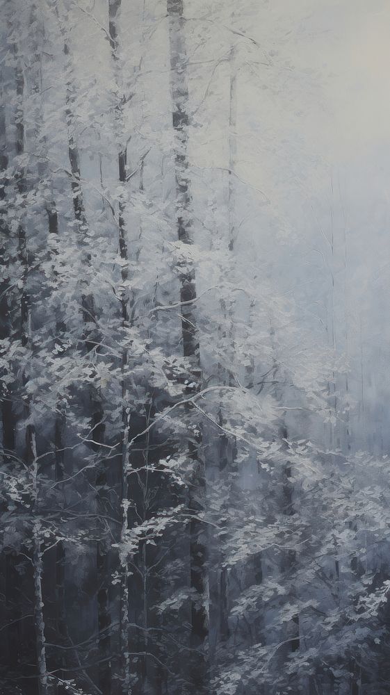 Acrylic paint of winter forest outdoors woodland nature.