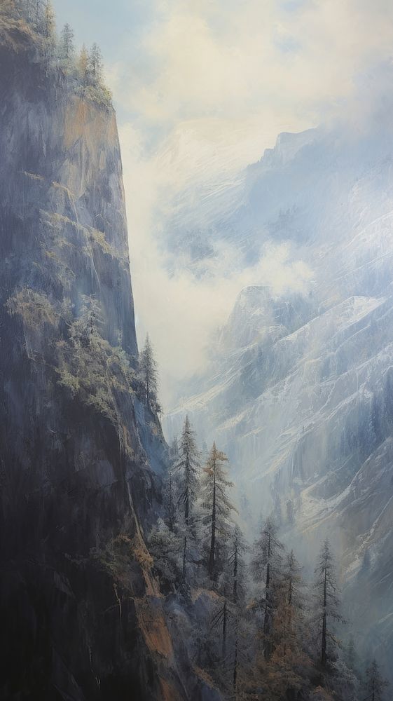 Acrylic paint of yosemite wilderness landscape mountain.