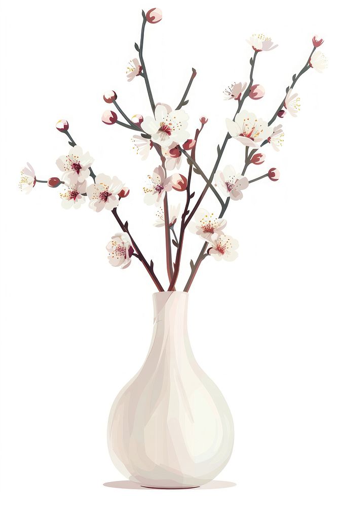 Botanical illustration cherry blossom vase plant flower white decoration.
