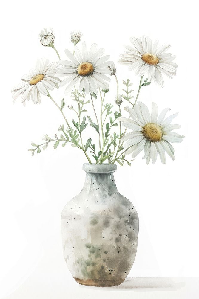 Botanical illustration daisy vase plant flower white inflorescence.