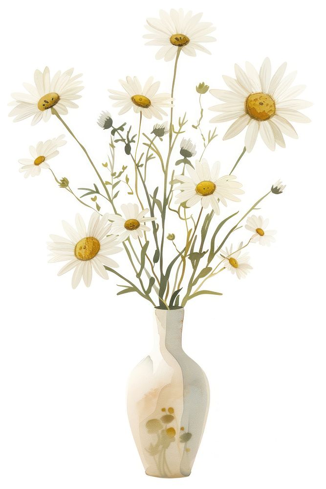 Botanical illustration daisy vase plant flower white inflorescence.