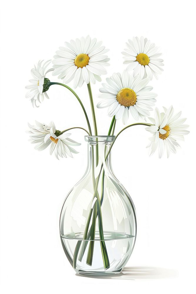 Botanical illustration daisy vase plant flower white jar.