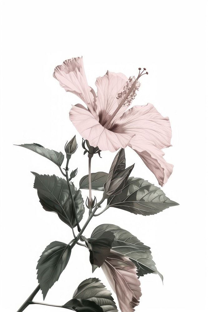 Botanical illustration hibiscus blossom flower plant.